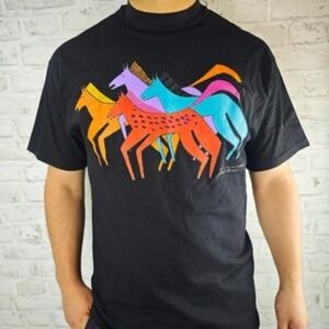 Laurel Burch Unisex Vintage Black Elk‎ Canyon Mares Horse T Shirt Colorful